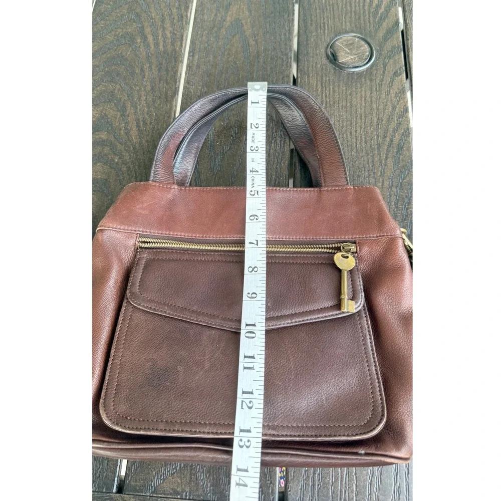 Vintage Y2K Fossil 1954 Brown Leather Crossbody Satchel Key Charm Purse Granny